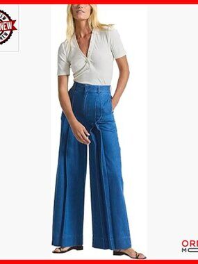 Wide Leg Pleated Chambray Trousers High Rise Work Pants